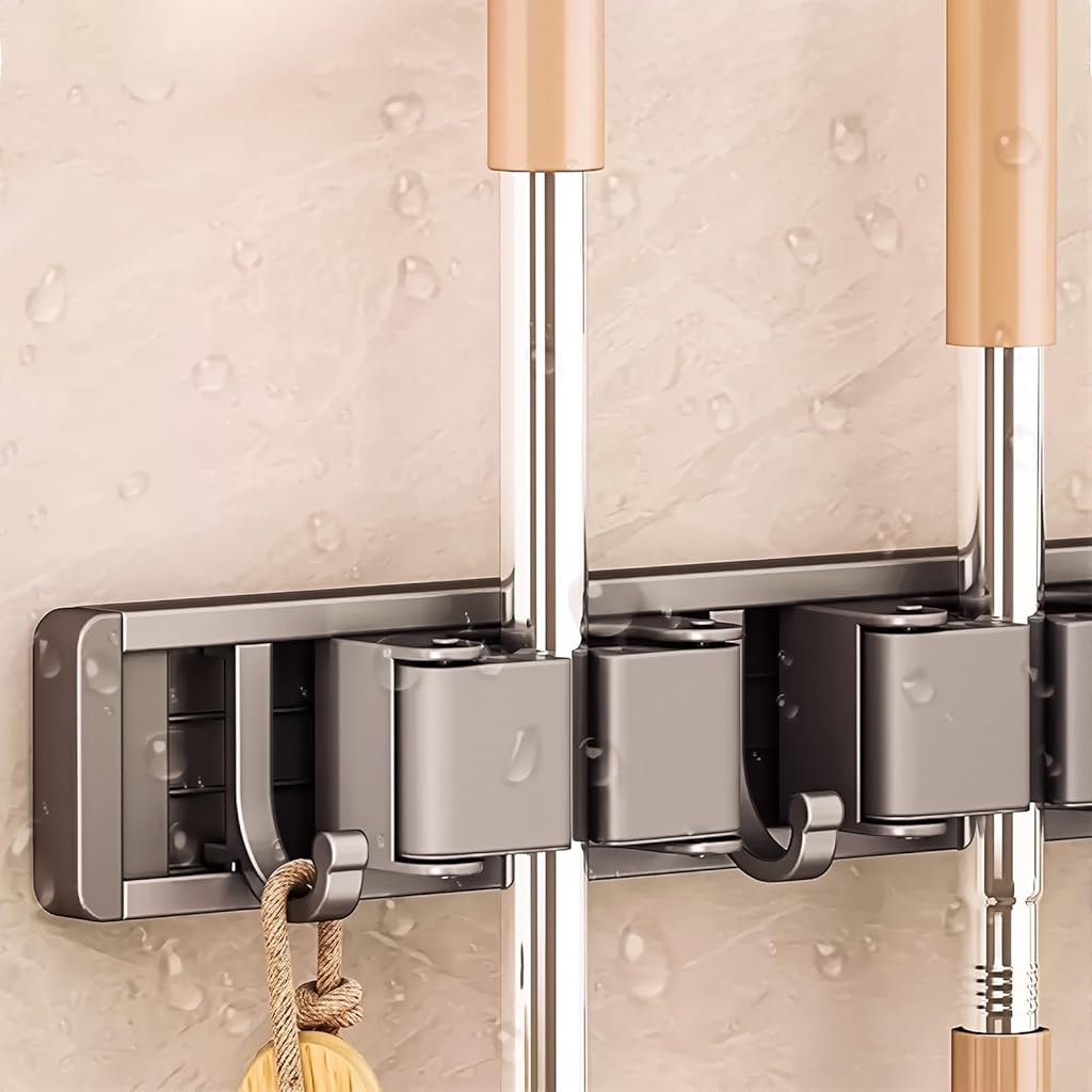 HASTHIP® Aluminum Wall Mop Holder, No Drill Push-in Mop Holder Organizer with 6 Hooks, Space Saving Cleaning Tool Organizer for Bathroom Garage HASTHIP® Aluminum Wall Mop Holder, No Drill Push-in Mop Holder Organizer with 6 Hooks, Space Saving Cleaning Tool Organizer for Bathroom Garage